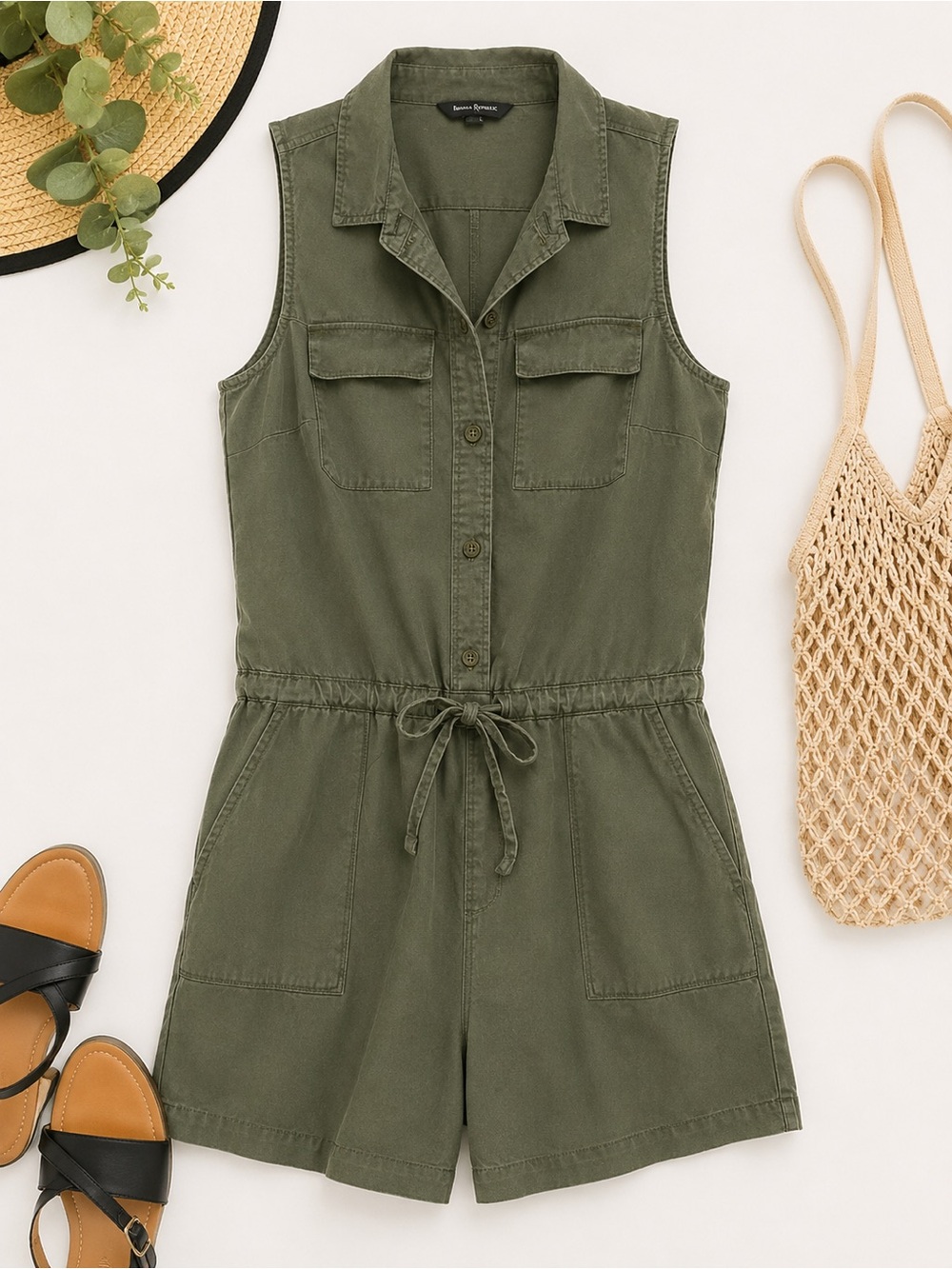 Banana Republic Olive Green Utility Romper Size 4 Sleeveless Tie Waist